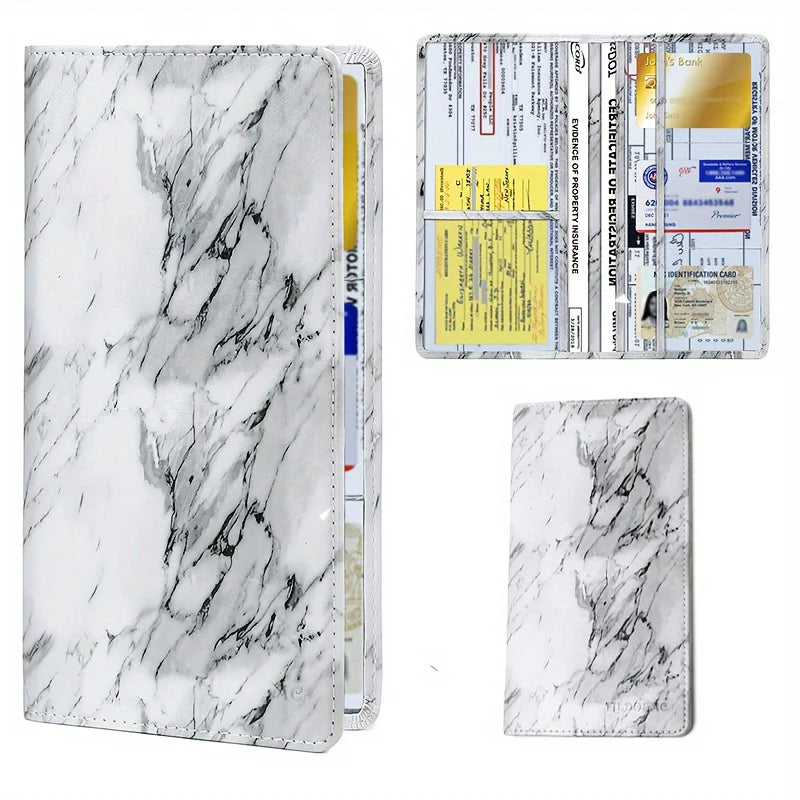 A premium faux leather document organizer featuring a white and gray marble pattern, shown in a closed and open state.
