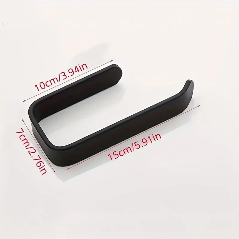 A black no-drill self-adhesive toilet paper holder with a strong wall mount shown against a white background.