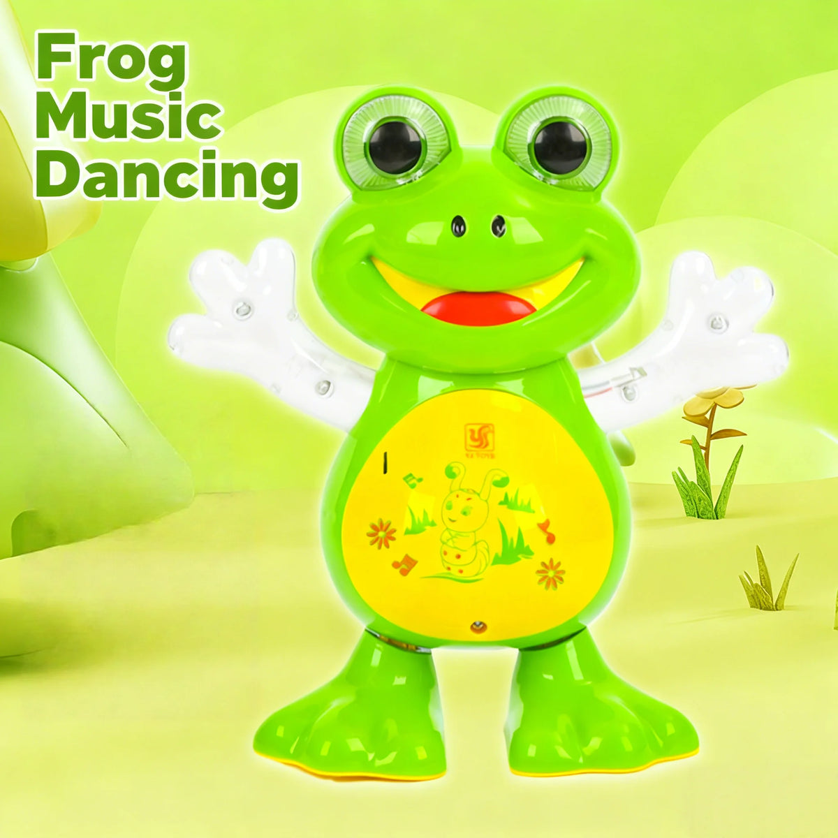 A bright green frog toy with large eyes and a smiling mouth is shown against a light green background.