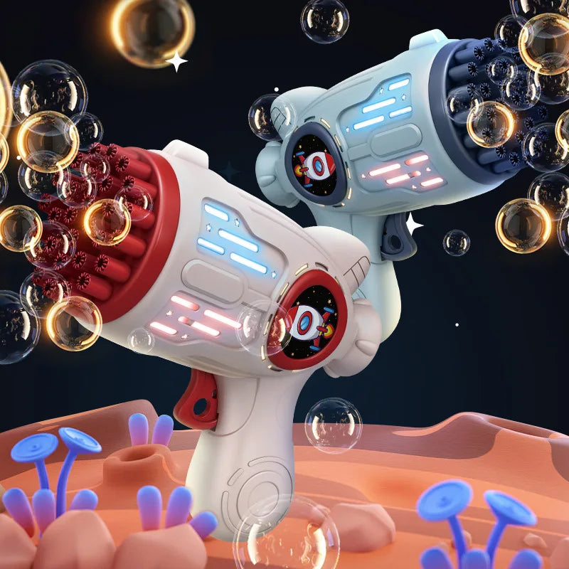 A white electric bubble gun is firing bubbles toward a dark background, surrounded by floating spheres.