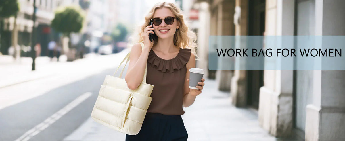 A woman wearing a brown top and dark pants is holding a cream-colored quilted multi-compartment tote bag while talking on a p