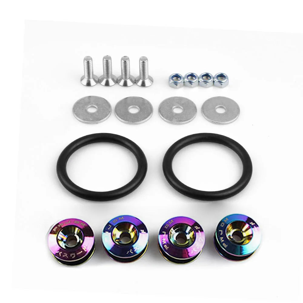 Aluminum quick release fastener kit for car bumpers and hatch lids including various bolts and rings