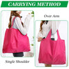 Demonstration of carrying methods for a pink reusable grocery bag, including over-arm and single shoulder styles.