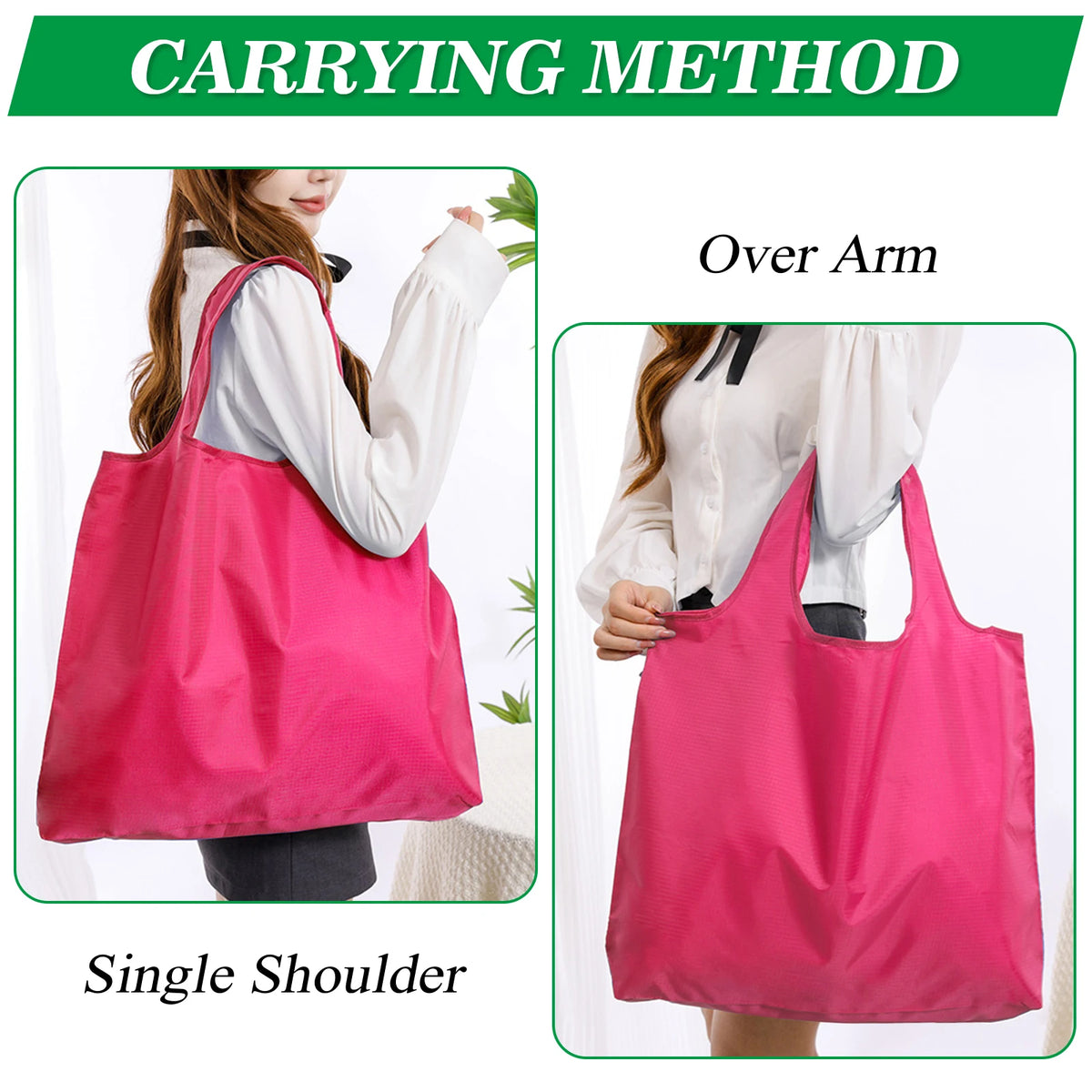 Demonstration of carrying methods for a pink reusable grocery bag, including over-arm and single shoulder styles.