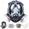 A full face chemical respirator mask with an anti-fog visor and replacement parts shown.