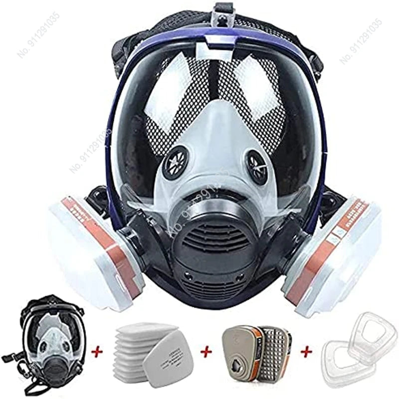 A full face chemical respirator mask with an anti-fog visor and replacement parts shown.