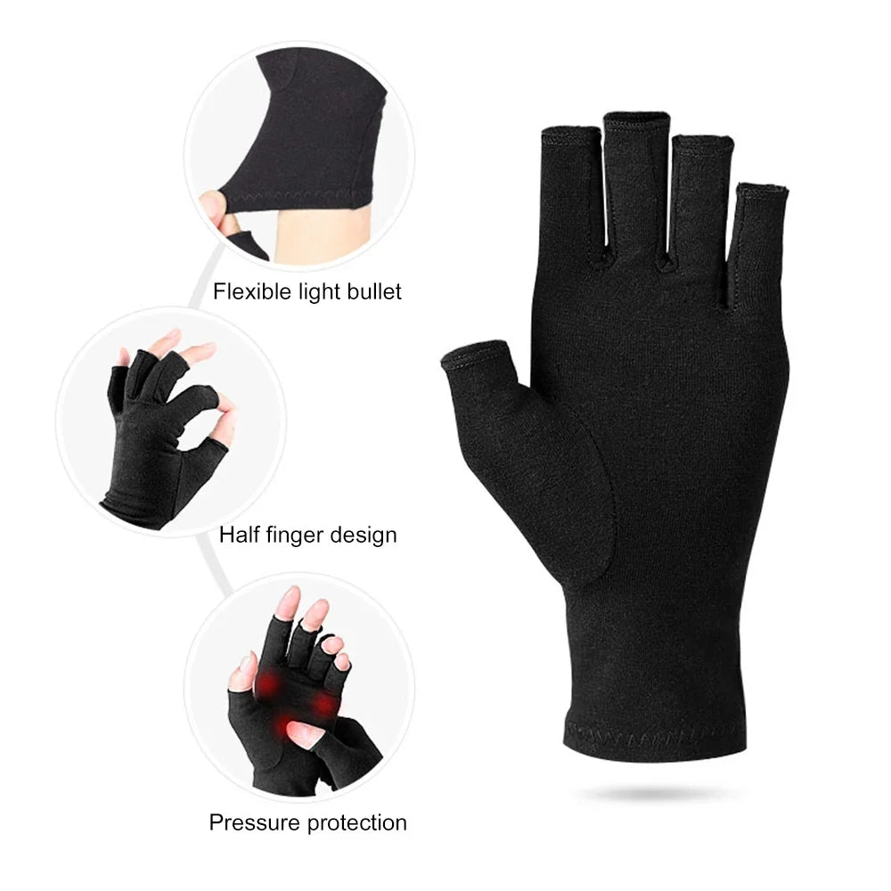 Black fingerless compression gloves showing features like a flexible light bullet and pressure protection.