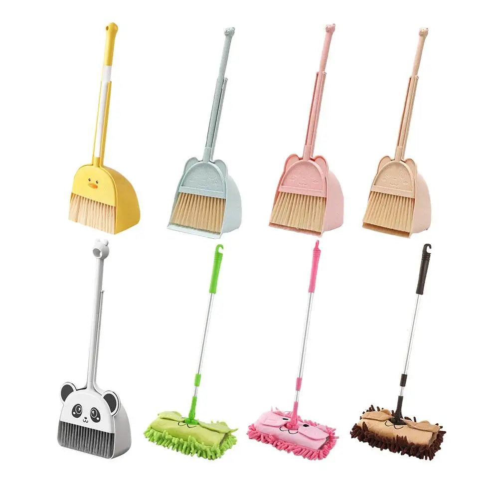 A set of five kids' brooms and dustpans with adjustable mops in various pastel colors.