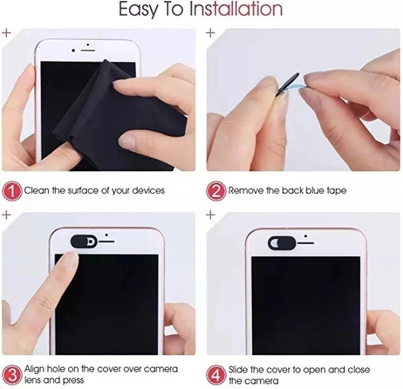 Instructions showing how to install a privacy webcam cover slider on a mobile device.