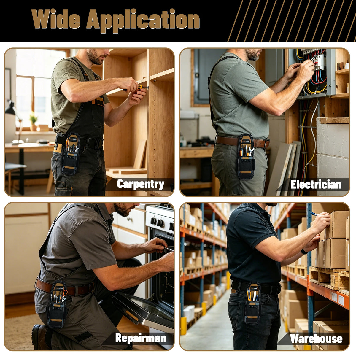 Image showing various tradespeople using a compact clip-on tool pouch with belt holster for carpentry, electrician, repairman