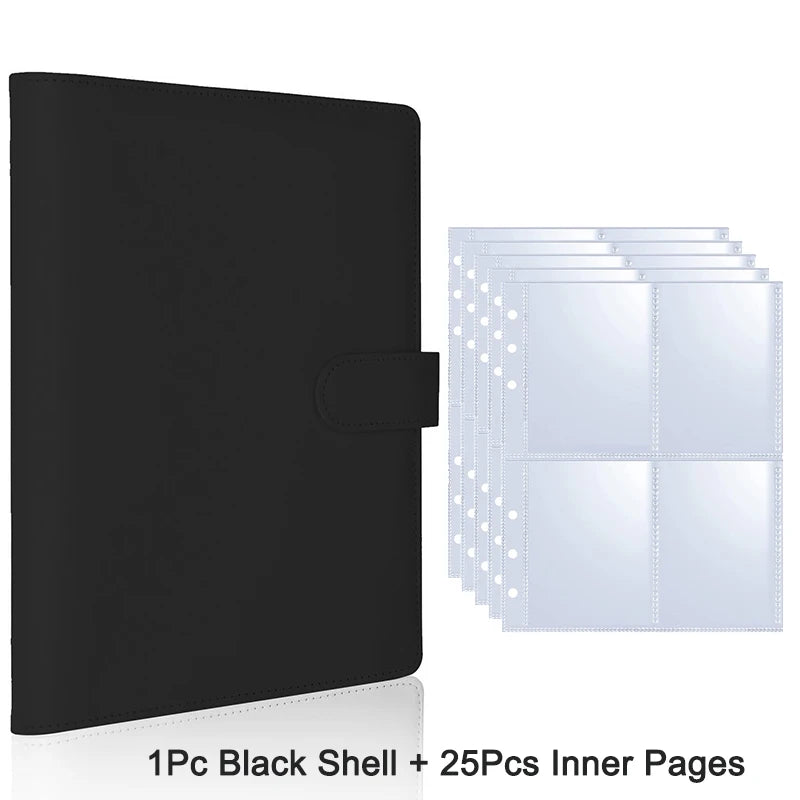 A black shell photocard album with 25 inner pages for A5 premium PU photocards