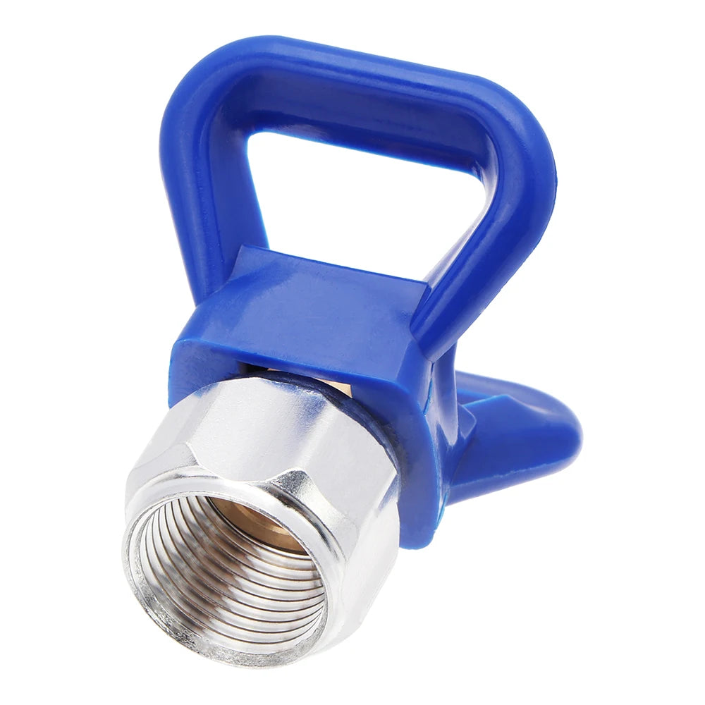 Blue airless paint sprayer extension pole with a silver threaded fitting and handle.