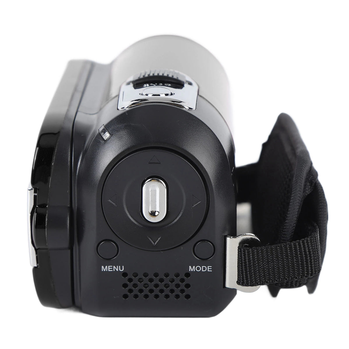 Black 4K video camera with a protective strap and a rotating screen visible from the front.