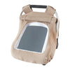 A beige breathable 2-in-1 car seat cover and mosquito net for babies with a padded harness.