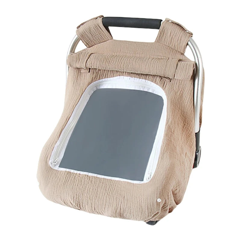 A beige breathable 2-in-1 car seat cover and mosquito net for babies with a padded harness.