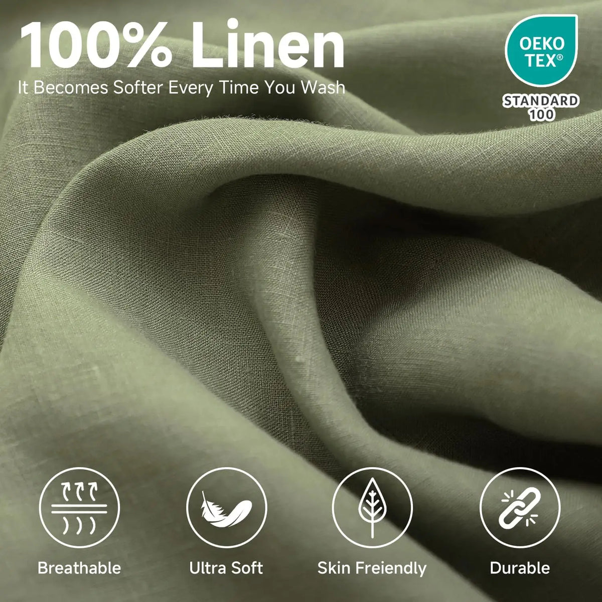 Close-up of a drape of soft, olive green 100% linen fabric showing its texture and folds.