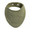 A round, olive green organic cotton muslin baby bib with a textured fabric and small white buttons.