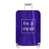 A purple stretchable luggage cover with a silver handle and wheels.