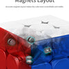A close-up view of a magnetic cube layout showing red and blue pieces.