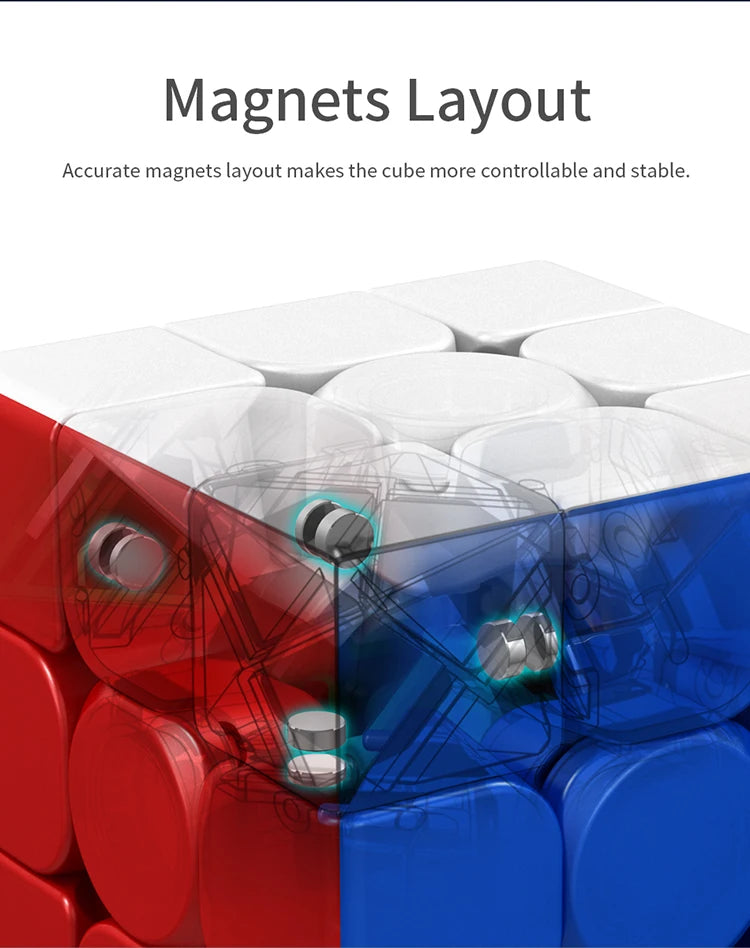 A close-up view of a magnetic cube layout showing red and blue pieces.
