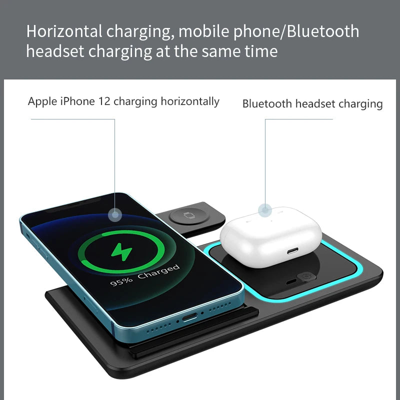 A charging station horizontally charges an iPhone and a Bluetooth headset simultaneously.