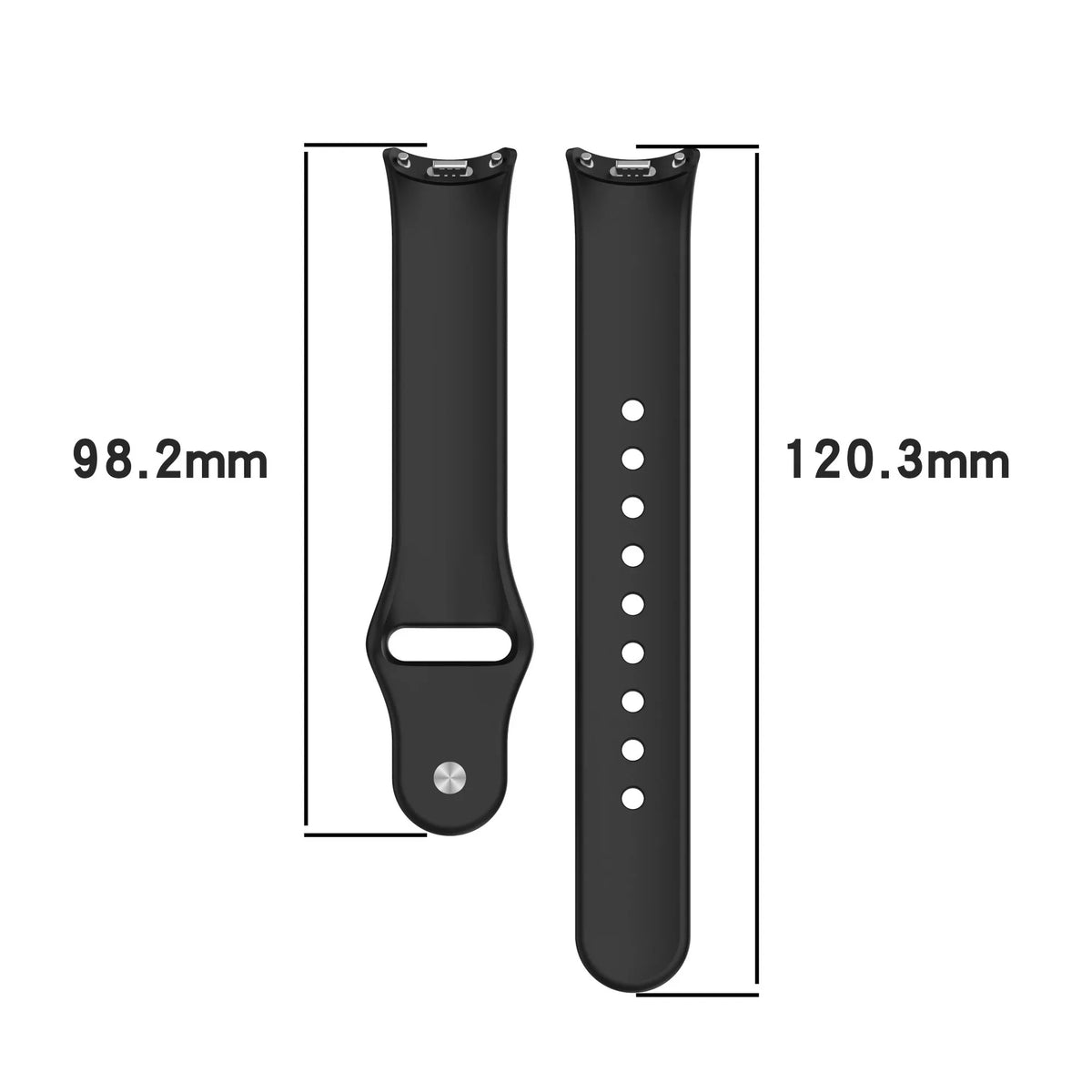 Black silicone replacement strap for Mi Band watches showing dimensions 98.2mm by 120.3mm
