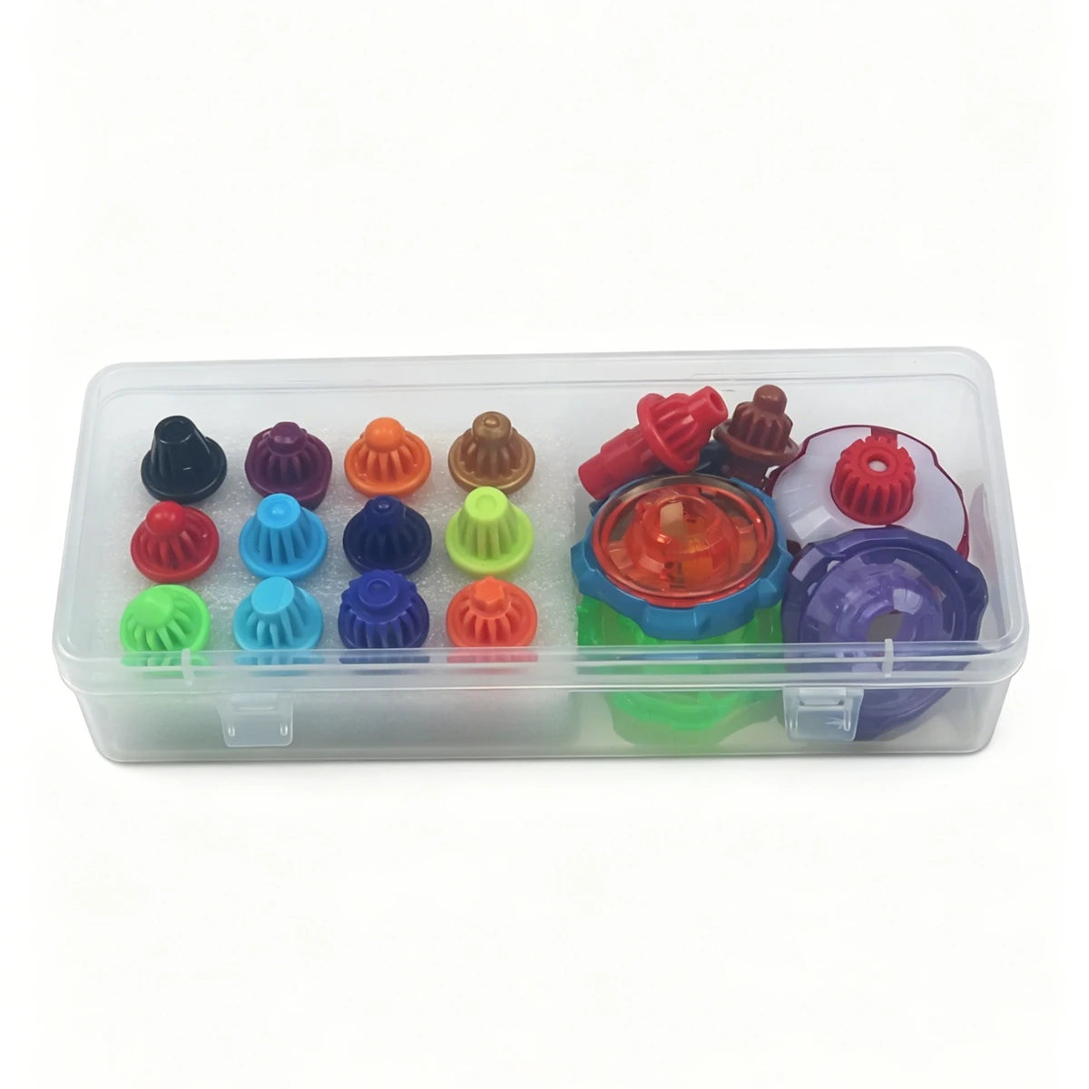 A clear plastic storage box containing various colorful spinning top customization accessories.