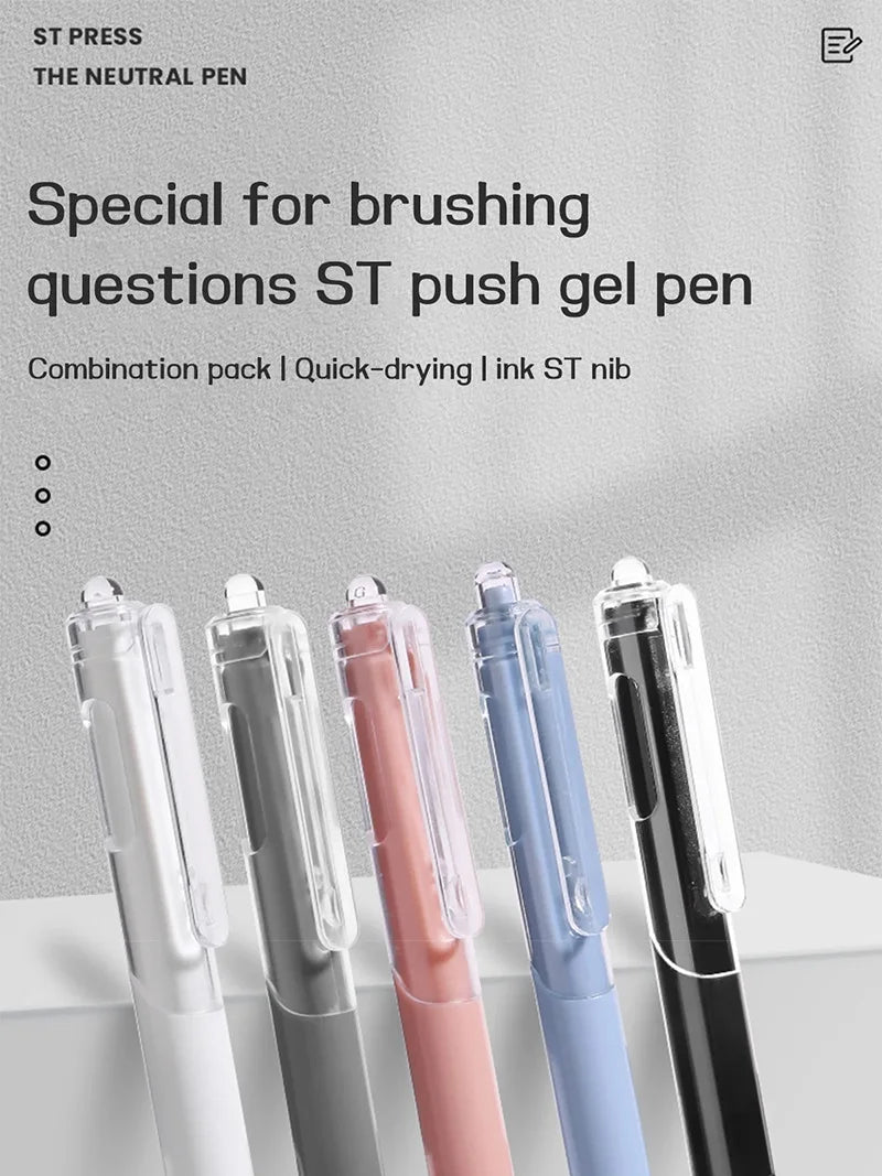 A display of five clear plastic retractable gel pens in various colors including white, silver, pink, blue, and black.