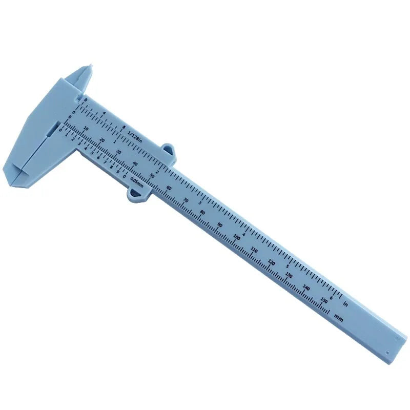Light blue plastic vernier caliper with dual scale for inside, outside, depth, and step measurement