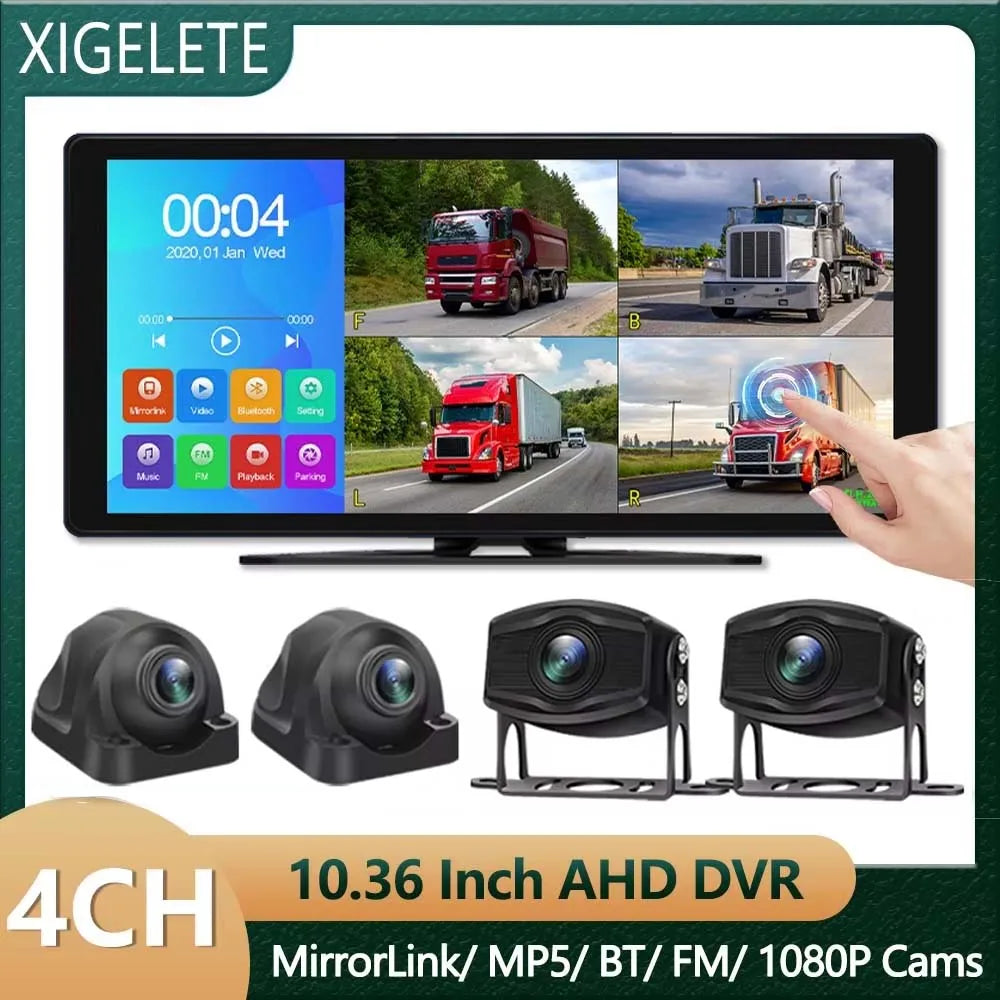 A 10.36 inch 4-channel HD DVR system featuring a monitor and multiple cameras.