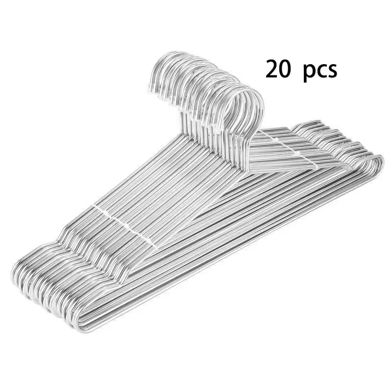 A set of twenty stainless steel wire clothes hangers displayed on a white background.