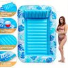 Aufblasbare blau-weiße Poolparty mit abnehmbarem Kissen, Getränkehalter, geripptem Boden und Griffseil.
