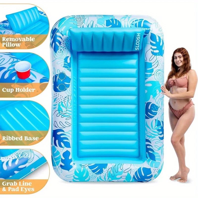 Aufblasbare blau-weiße Poolparty mit abnehmbarem Kissen, Getränkehalter, geripptem Boden und Griffseil.