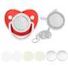 A sparkling rhinestone pacifier with a clip designed for babies, featuring a heart-shaped red and silver design.