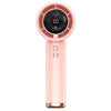 A pink portable USB mini handheld fan with a circular grille and power button.