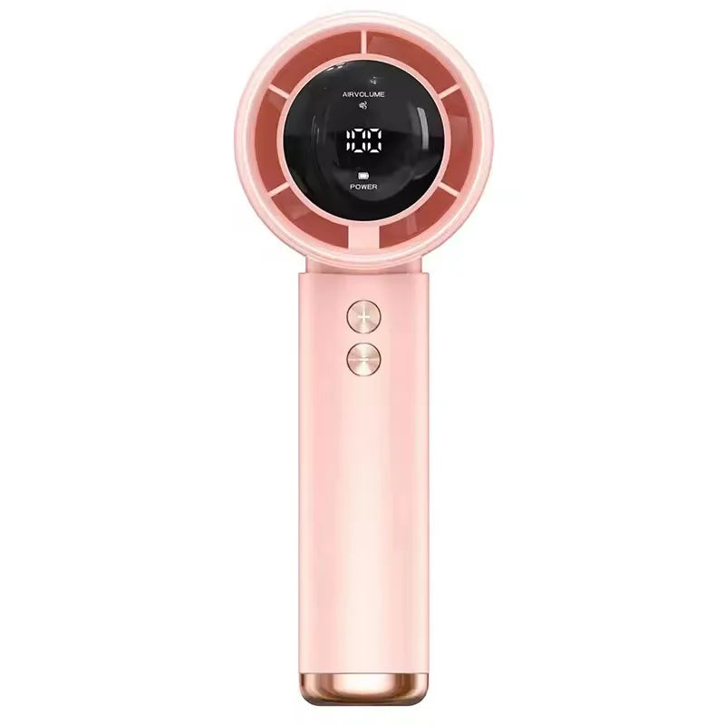 A pink portable USB mini handheld fan with a circular grille and power button.