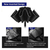 A black fully automatic reverse-folding windproof umbrella with UV protection shown in an inverted design.