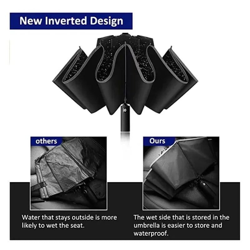 A black fully automatic reverse-folding windproof umbrella with UV protection shown in an inverted design.