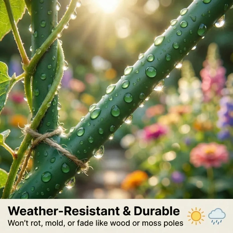 Nahaufnahme eines grünen Pflanzenstützpfostens mit Wassertropfen, der wetterfestes und strapazierfähiges Aussehen zeigt.
