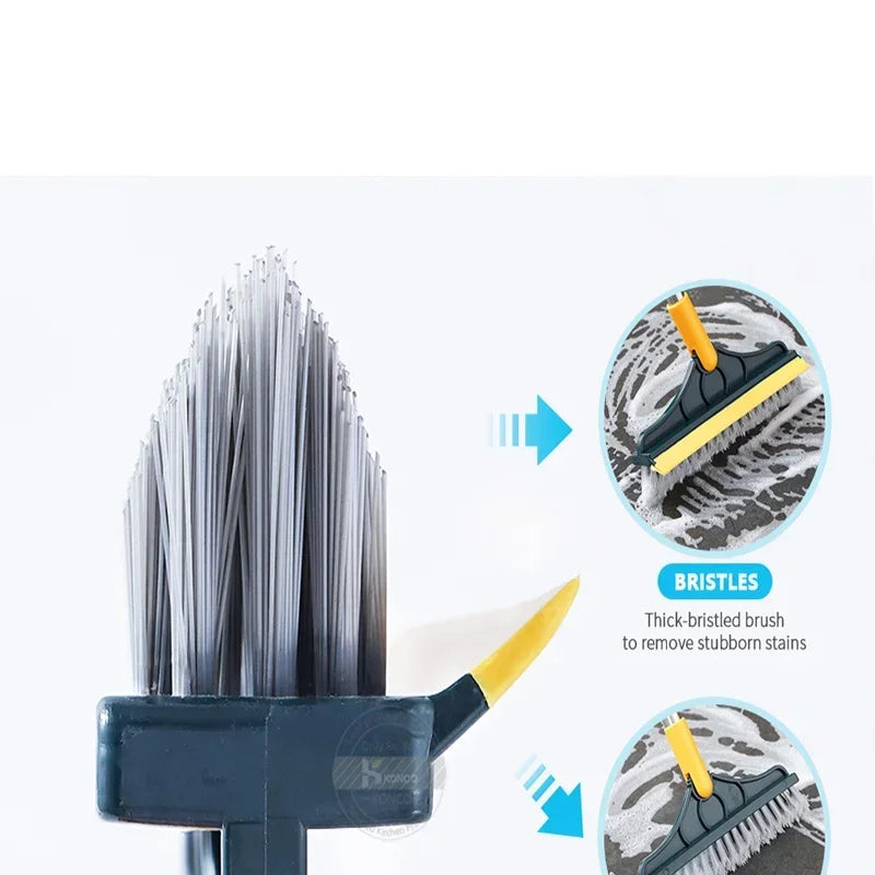 A dark blue floor scrub brush with bristles and a squeegee attached, shown with close-ups of the brush head.