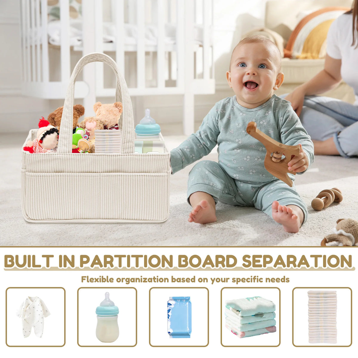 Corduroy baby diaper caddy organizer with handles showing various items like bottles and wipes for flexible organization