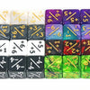 A set of acrylic D6 counter dice showing various positive and negative values across different colors.