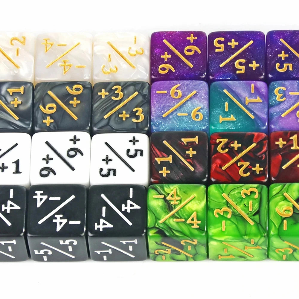 A set of acrylic D6 counter dice showing various positive and negative values across different colors.