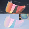 A motorcycle helmet visor lens shield with a gradient rainbow color and striped design shown in daylight vision.