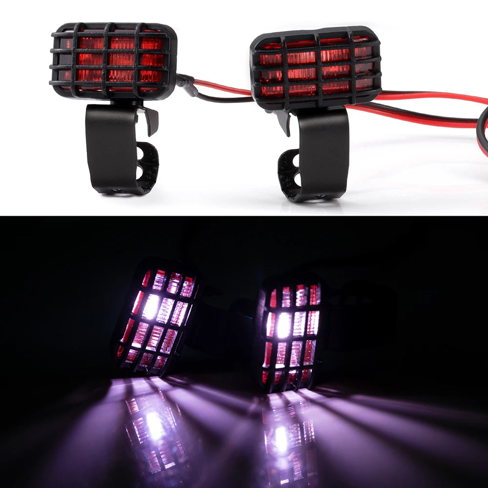 A pair of LED headlight and spotlight units for RC crawler trucks, shown in both black and illuminated modes.