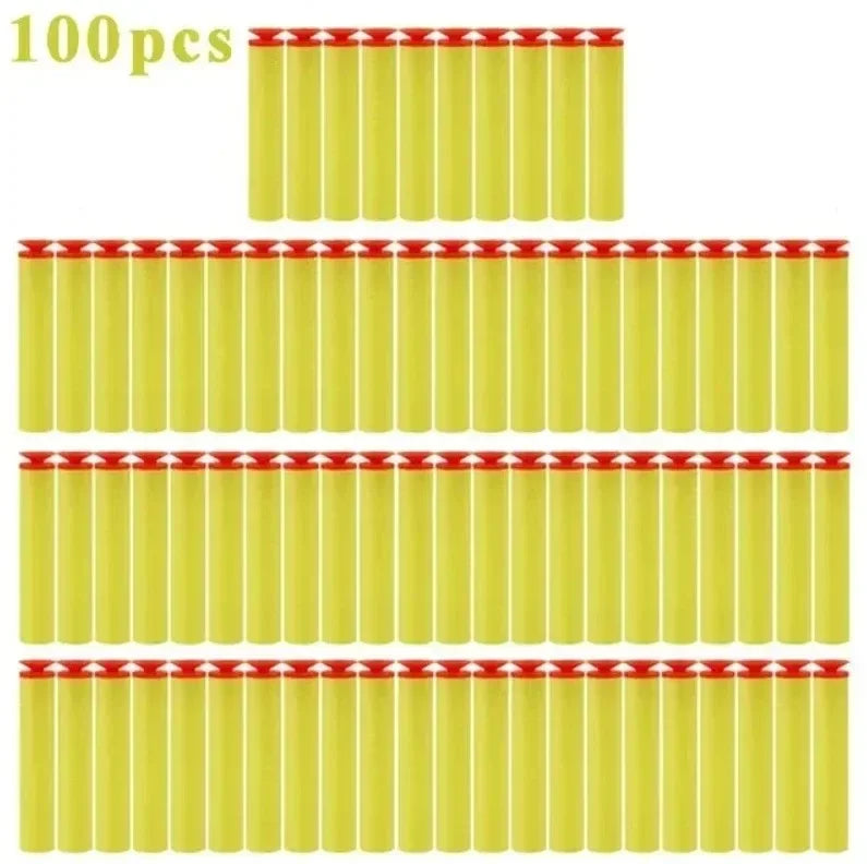 A set of 100 yellow electric gatling gun toy bullets with soft suction cups.