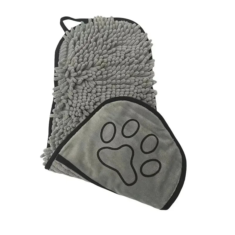 A gray, textured pet bath towel with a paw print design for dogs and cats.