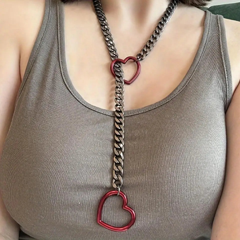 Heart Charm Cuban Link Necklace in Stainless Steel