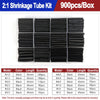 A box of heat shrink tubing kit containing various sizes and ratios of black tubing for various applications.