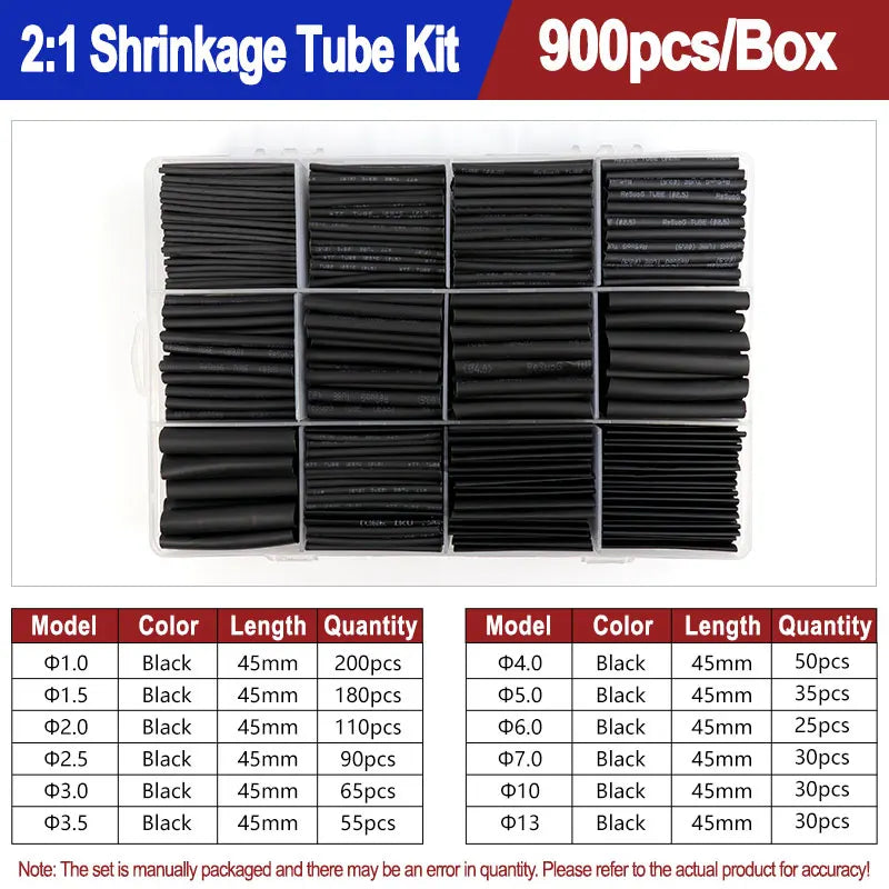 A box of heat shrink tubing kit containing various sizes and ratios of black tubing for various applications.